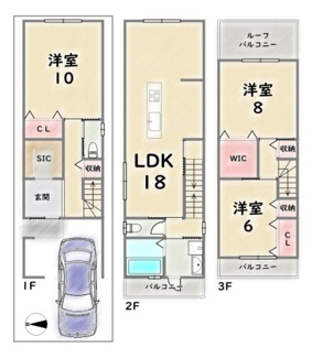 【参考プラン】 | 中京区壬生土居ノ内町　建築条件付 | 《参考プラン》建物価格：2500万円　延床面積：109.35平米（1F:32.40平米　2F:42.12平米　3F:32.40平米）