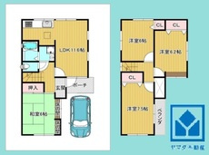 西宮市甲子園網引町の間取り|4LDK、土地面積76.45平米、建物面積85.59平米、木造2階建。