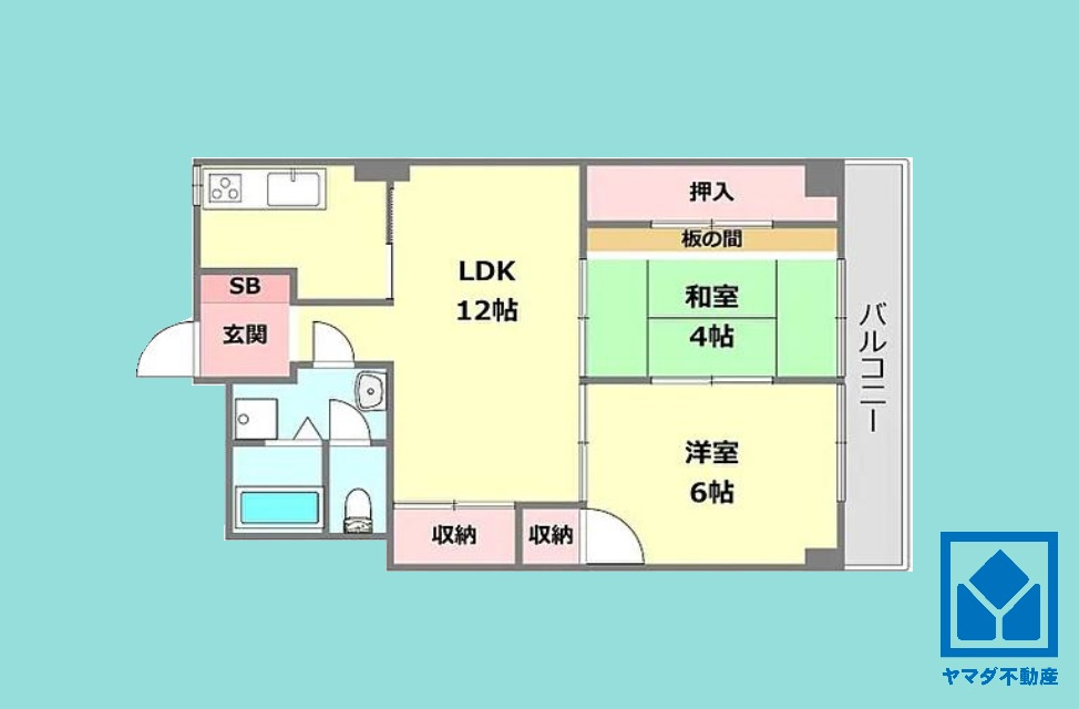 シェトア塚口第一の間取り|2LDK、専有面積46.81平米、バルコニー面積3.23平米、3階建て2階部分。