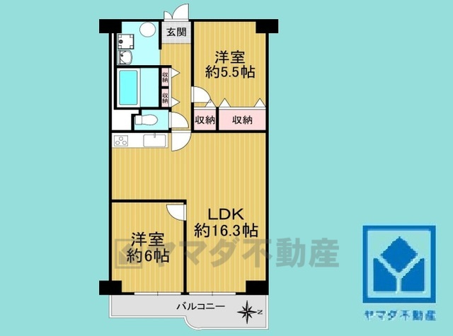 武庫川東グランドハイツの間取り|2LDK、専有面積66平米、バルコニー面積7.78平米、7階建て最上階。間取り図のリビングより西側の部分は、左右反転の構造になっています。