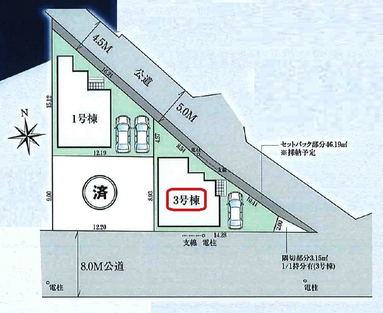 清瀬市竹丘2丁目・全3棟　新築一戸建　3号棟の区画図|【全3棟・3号棟】カースペース1台・土地面積112.84平米（34.13坪）