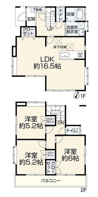 上尾市弁財1丁目の間取り|家族が自然と集まる約16.5帖の広々LDKが魅力の3LDK。全室二面採光で家中が明るく 、各所にクローゼットを備えた収納力◎トイレが各階にある利便性と、家事動線に優れた機能的な設計をぜひご覧ください。