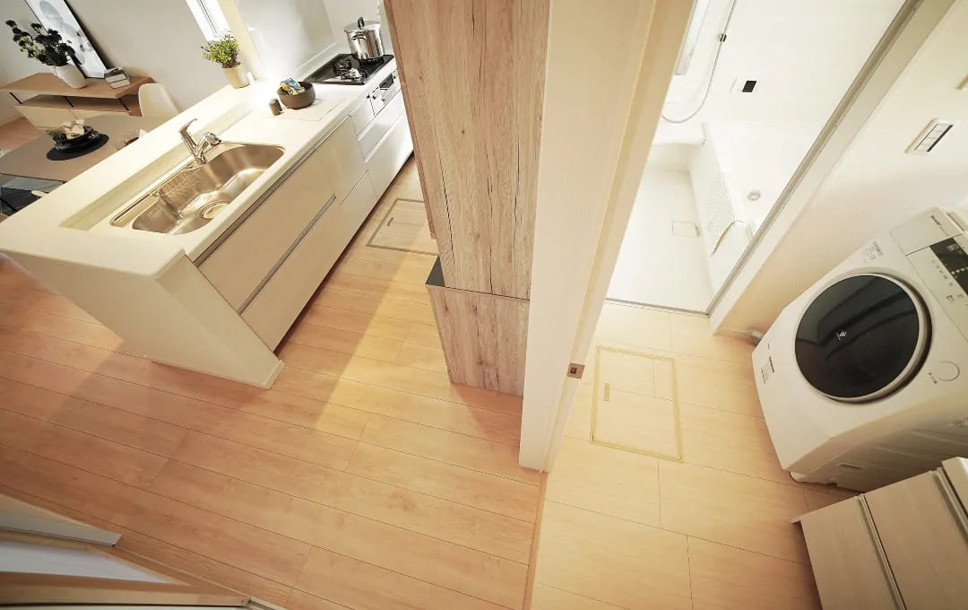 仲介手〇料不要　リーブルガーデン合志市須屋第十四【西合志南小・西合志南中】の浴室|時短動線　水まわりの配置　洗面・風呂に隣接したＬＤＫは家事を楽に、ヒートショック対策にもなります。