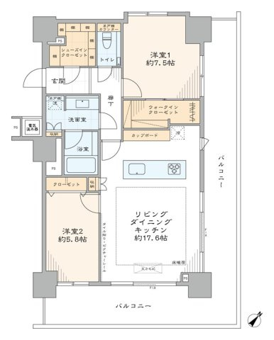 アイ・マークタワーの間取り|アイ・マークタワー：南東向き角部屋！全居室収納・窓が付いた２ＬＤＫ床暖房・エアコン付きリノベーション物件は住設備も充実！