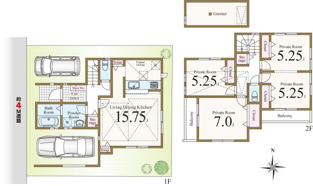 練馬区谷原1丁目　ZEH水準　大型省エネ邸宅の間取り|4LDK+パントリー+小屋裏収納+カースペース2台分　敷地面積 99.05ｍ2　建物面積 104.89ｍ2