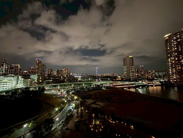 北向きの為、月島・東京スカイツリーを望む眺望／夜景も綺麗で、バルコニーからまっすぐ東京スカイツリーを望むことができるのがポイントです。東側には水路が広がっており水面と敷地内の緑を望むことができます。