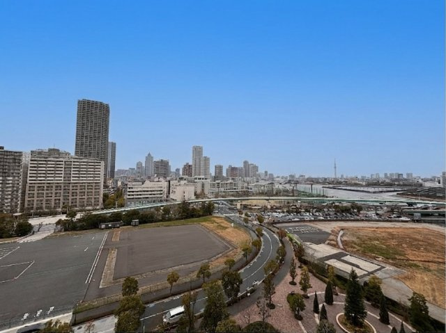 北向きの為、月島・東京スカイツリーを望む眺望／夜景も綺麗で、バルコニーからまっすぐ東京スカイツリーを望むことができるのがポイントです。東側には水路が広がっており水面と敷地内の緑を望むことができます。