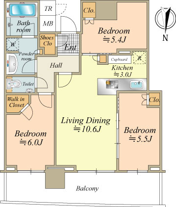 9階部分・北向き・70㎡を超える間取り／3LDKファミリータイプの使い勝手の良いお部屋です。