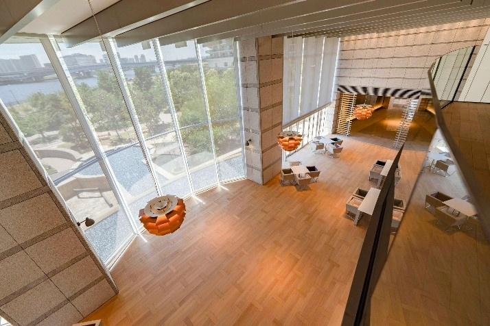 【キャビンラウンジ(2F)・オーシャンビューラウンジ(3F)】ギャラリーエントランスを抜けた先のキャビンラウンジは居住者同士の憩いの場。24時間利用可能。