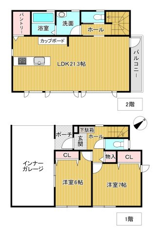 商談中　相模湾と大島を一望する新築2LDKの間取り|インナーガレージ付きの2LDK