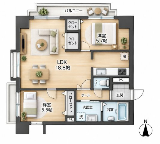 【間取り】 | アートウィル赤坂☆仲介手数料無料☆ | ※本図に表示されている家具・家電・照明・インテリア・観葉植物等は、AIによる配置イメージです。実際には設置されておらず、売買対象にも含まれません。図面と現況が相違する場合は、現況を優先いたします。