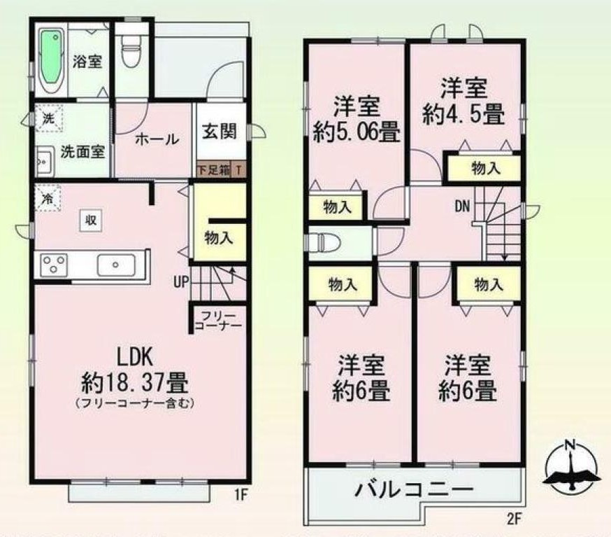 豊明市新田町門先11-3『仲介手数料無料』新築戸建ての間取り|　B号棟　1F:LDK18.37帖にフリーコーナー(3帖)はお子様の遊び場・奥様の家事室に便利！リビングイン階段♪2F:洋室6帖・洋室6帖・洋室5.06帖・洋室4.5帖　物入設置♪南面バルコニー♪
