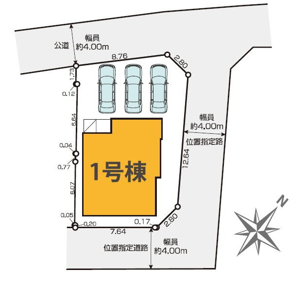 狭山市北入曽・全1棟　新築一戸建　～三方角地～の区画図|三方角地・カースペース並列3台・土地面積161.05平米（約48.72坪）