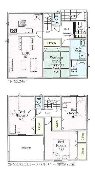 加須市北下新井第５　新築一戸建て　02　クレイドルガーデンの間取り|2部屋から行き来できるバルコニーは洗濯物もたっぷり干せる広さ♪
