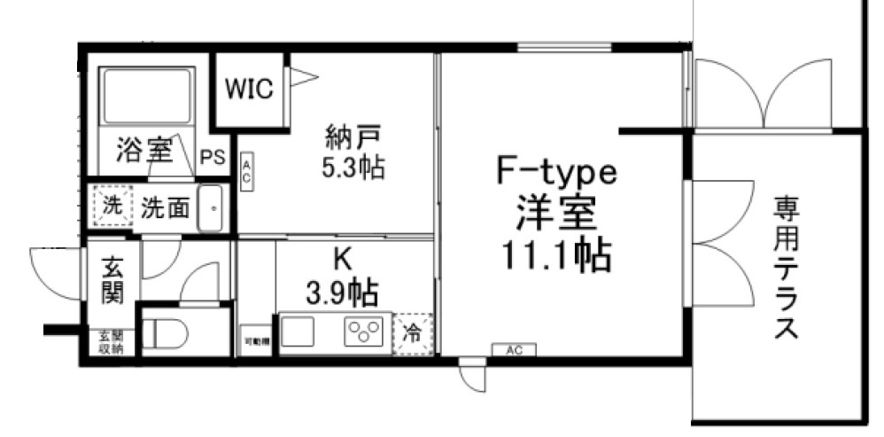 SUN Residenceサンレジデンスの間取り|専用テラス付きの東向きの1SK