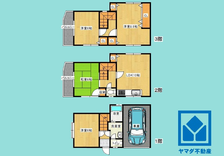 尼崎市武庫川町4丁目の間取り|4LDK、土地面積51.81平米、建物面積99.22平米、木造3階建。