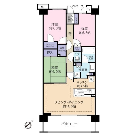 3LDK+WIC+納戸：専有面積85.82㎡、バルコニー面積13.00㎡。