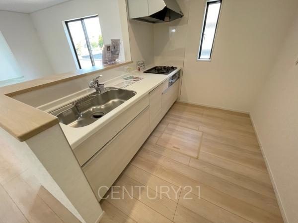 前橋市関根町第３のキッチン|シンクも大きく洗い物もしやすい浄水器付。シャワーヘッドは引き出し可能、シンクの隅々まで洗い流せます。