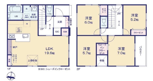 新築　高崎市常盤町1期　１号棟の間取り|建物面積104.8㎡　広々19.6帖のLDK♪シューズインクローク・ウォークインクローゼット・各部屋収納付きで便利です！日当たりの良いバルコニーはお洗濯物もよく乾きそうです◎
						
