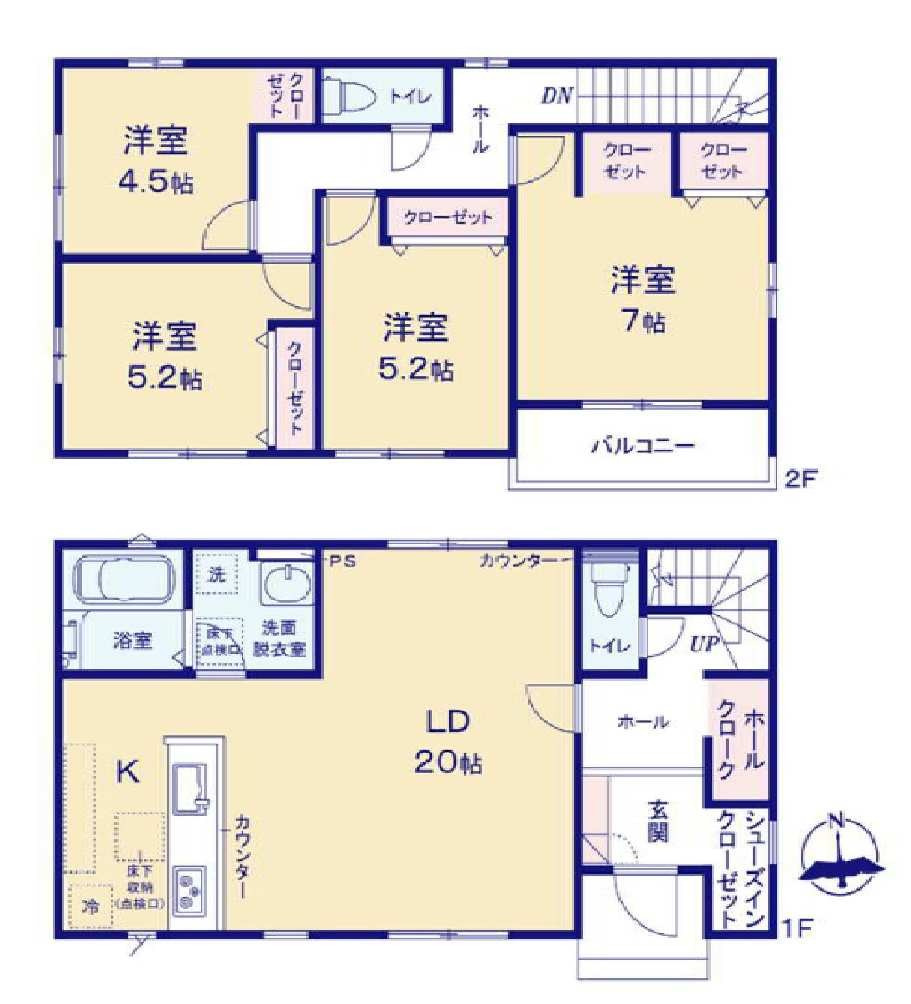 新築　前橋市下新田町1期　2号棟の間取り|建物面積105.16㎡　広々20帖LDK♪シューズインクローク・ファミリークローク・各部屋収納付き！日当たりの良いバルコニーはお洗濯物もよく乾きそう
						
