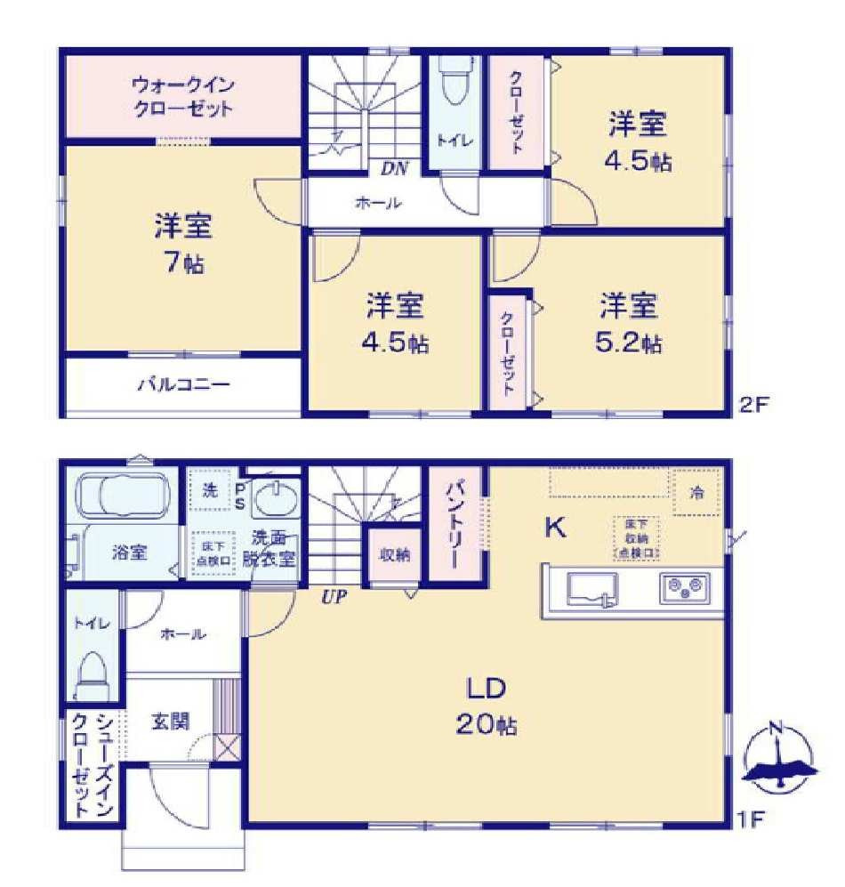 新築　前橋市下新田町1期　3号棟の間取り|建物面積105.16㎡　広々20帖LDK♪シューズインクローク・パントリー・ウォークインクローゼット各部屋収納付き！日当たりの良いバルコニーはお洗濯物もよく乾きそう
						
