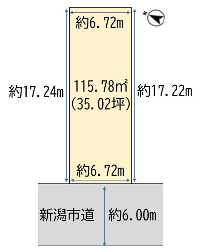 中央区上近江3丁目　土地の土地図|約35坪の整形地。前面約6mの新潟市道に接しており、駐車もしやすく車の出し入れもスムーズです。住宅プランが立てやすい形状で、落ち着いた住環境の中でゆとりある暮らしが叶います。