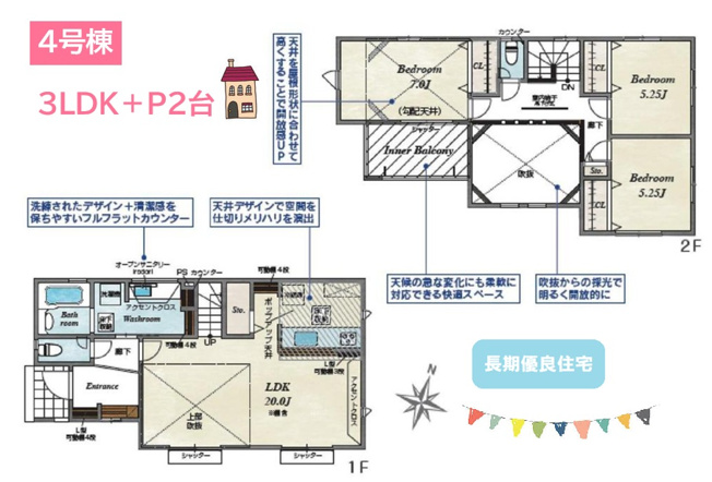 【間取り】 | LDKは、圧巻の20帖！吹抜けを採用した３LDKプラン◎　
ファミリーにも十分な広さで、豊富な収納が備わっております。
