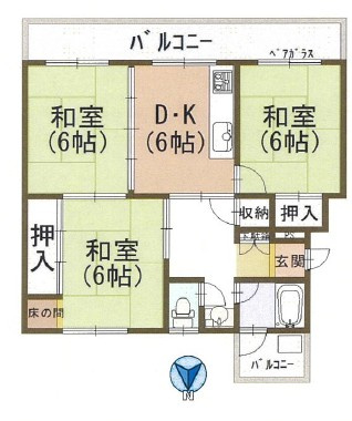 円明寺ヶ丘団地G棟の間取り|南北両面バルコニーにつき、採光通風良好です◎全居室6帖！！
