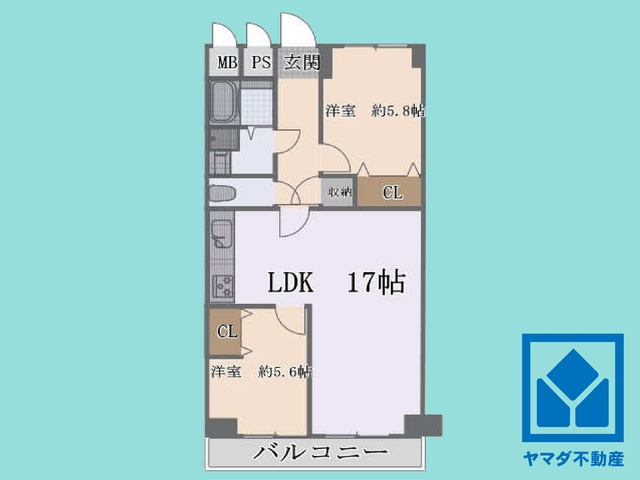 ルネ武庫川の間取り|2LDK、専有面積63.25平米、バルコニー面積6.6平米、6階建て最上階。