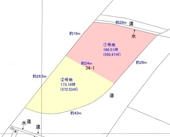 大山町末長売土地の区画図|二区画案もございます。①号地166.51坪　300万　②号地173.19坪　300万
是非ご検討下さい。
