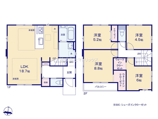 練馬区大泉学園町8丁目　省エネ快適邸宅　角地含む全2棟の間取り|2号棟　4LDK+SIC+2WIC+カースペース2台分　敷地面積 113.24ｍ2(協定地 0.5ｍ2含む)　建物面積 97.29ｍ2