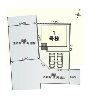【区画図】 | 南足柄市塚原 全1棟 第36 | 南西角地　南側4.5m道路　西側8.9m道路　カースペース並列で２台（車種による）