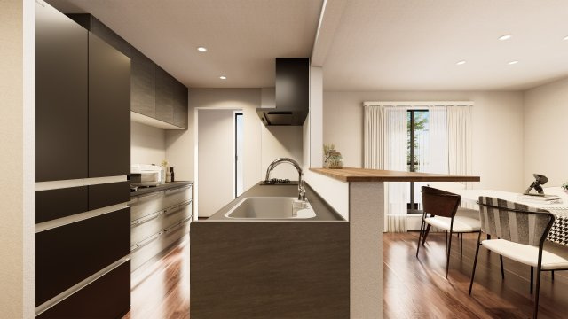 板橋区上板橋3丁目 限定1棟の完成予想図|快適な機能とデザイン性が魅力のオープンキッチン搭載
リビングにいるご家族とコミュニケーションの取れる対面式です
(イラストは図面を基に起こしたもので実際のものとは多少異なる場合がございます)