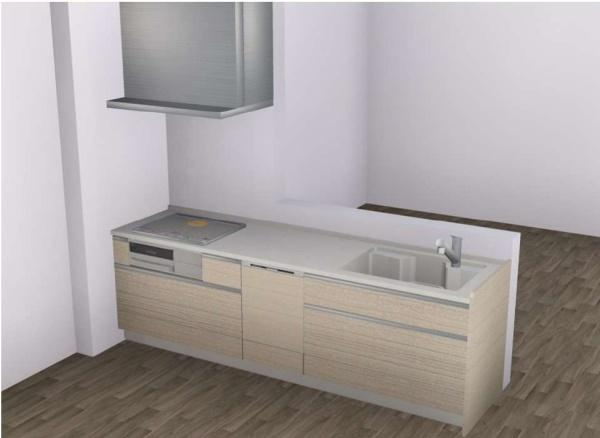 HT長浜のキッチン|シンプルで使いやすいデザインのキッチンです。収納スペースが豊富に用意されています。作業しやすい動線が考えられており機能的な配置となっています。床材との調和も感じられる空間です。