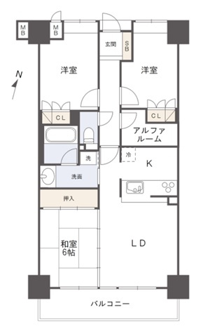 アルファステイツ梅ノ辻の間取り|南側にリビングと和室を配置した、日当りの良い３ＬＤＫです。