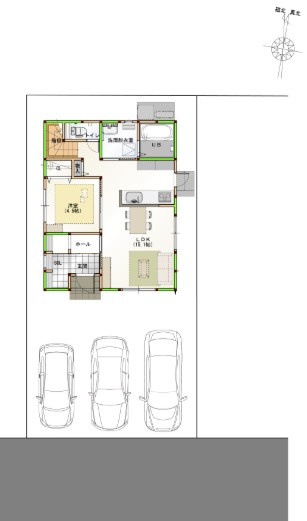 「駐車３台可能」高知市鴨部8　新築一戸建ての区画図|■土地面積138.91平方メートル■建物面積103.02平方メートル■4LDK