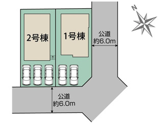 【区画図】 | 座間市立野台3丁目  2号棟 | ※1号棟成約済　2号棟　南西側約6.0ｍ公道　駐車並列3台（車種によります）　敷地面積45.0坪