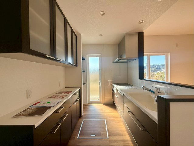 南国市篠原　C区画　新築戸建　【全6区画】のキッチン|収納豊富で使い勝手の良いキッチン。勝手口付きで家事動線も快適です