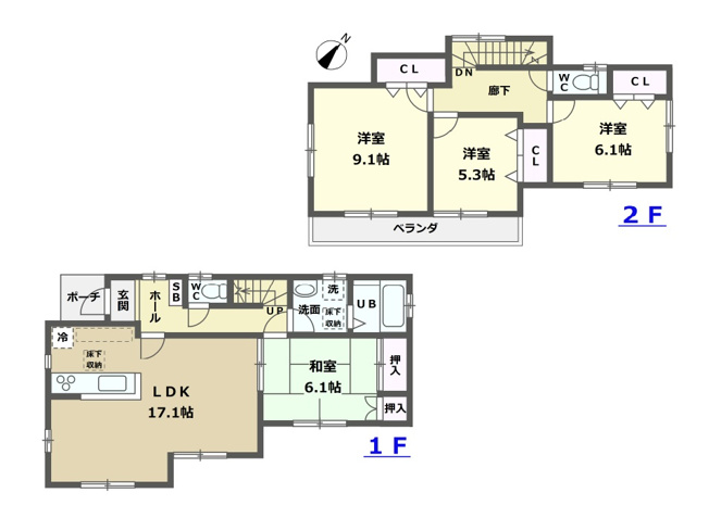 【間取り】 | 新座市大和田4丁目　中古一戸建住宅　(志木本店) | 平成24年築の4LDK。主寝室9.1帖、LDK17.1帖などゆとりある住空間です。