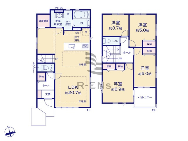 【間取り】 | 西東京市向台町６丁目　新築戸建て　２号棟 | 4LDK・土地面積121.74ｍ2・建物面積98.43ｍ2