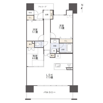 アルファステイツ城崎の間取り|3LDK　76.25㎡　南向きバルコニー