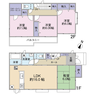 【間取り】 | レイクタウン１丁目　戸建住宅　越谷レイクタウン駅徒歩１３分 | ４LDK＋ウォークインクローゼット、全室６帖以上、LDK約16帖とゆとりのある広々としたお家です