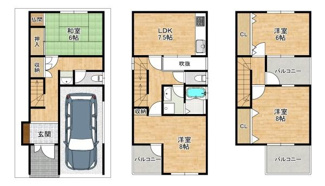 【間取り】 | 全部屋6帖以上！　4LDK・3階建ての中古戸建て！