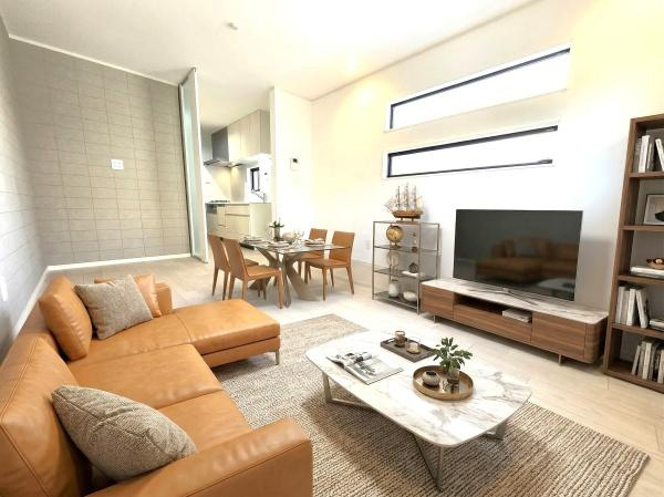 横浜市磯子区磯子２丁目の新築一戸建の居間・リビング|本画像はAIがCGで家具作成しており、実際の現地に家具は設置されておりません。また、販売価格に家具等は含まれておりません。