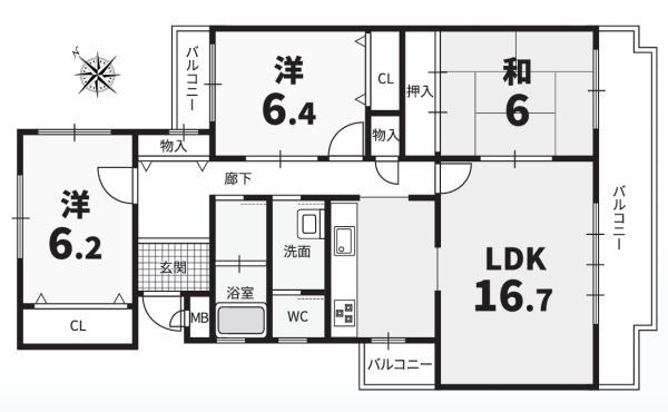【間取り】 | ライフコート深井2号棟 | 専有面積:85.44平米　バルコニー面積:19.66平米　間取り:3LDK
