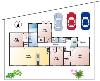 【間取り】 | 安八町氷取平屋の新築戸建全2棟！暮らしやすい家事動線が魅力の平屋建て！お車並列3台可能！ | 安八町氷取平屋の新築戸建全2棟！暮らしやすい家事動線が魅力の平屋建て！お車並列3台可能！
