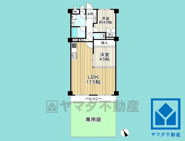 シーアイマンション夙川広田の間取り|2LDK、専有面積63.49平米、バルコニー面積7.17平米、11階建て1階部分。南向きの専用庭付き。