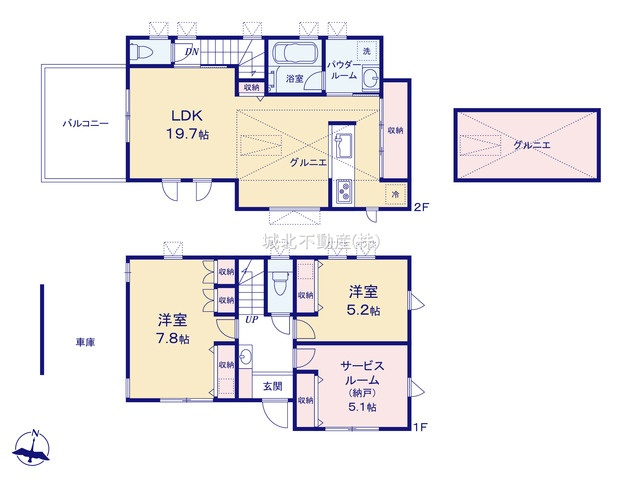 杉並区下井草3丁目 全3棟 B号棟の間取り|土地面積/88.01㎡建物面積95.57㎡3LDKの新築戸建。
家の中心でもあるLDKは19.7帖の開放感