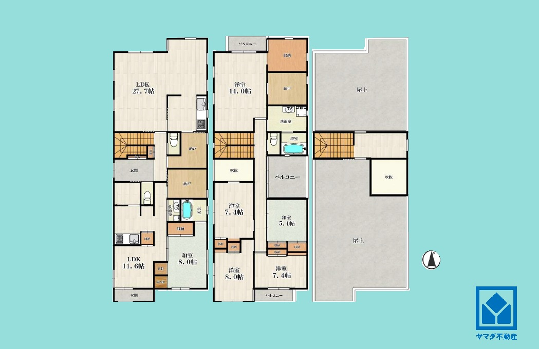 西宮市上甲東園1丁目の間取り|6LDK＋LDK＋3S、土地面積514.02平米、建物面積263平米。耐震性・耐火性に優れたRC造3階建住宅。