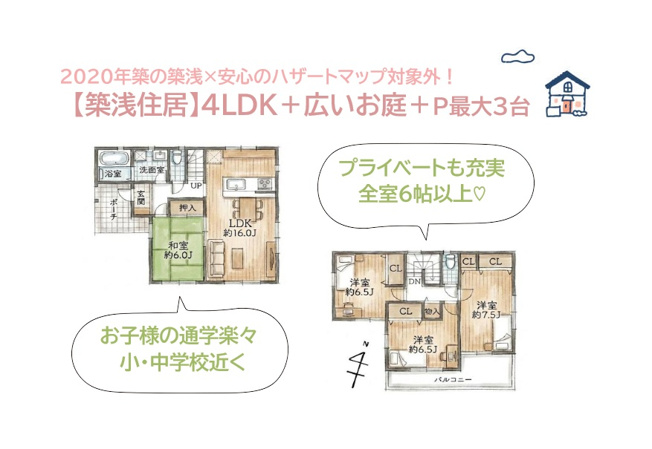 【間取り】 | まだまだ新しい2020年築の築浅×安心のハザードマップ対象外！！　
将来家族が増えても大丈夫！ライフステージの変化に柔軟に対応できる、住み心地も快適なお住まいです♪
ぜひご内見下さい。